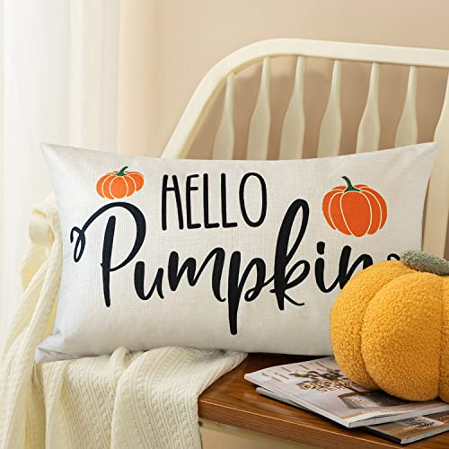 JOTOM 12x20 Inch Fall Throw Pillow Covers Hello Pumpkin Thanksgiving Cushion Covers 30x50cm Autumn Lumbar Decorative Pillow Covers Farmhouse Outdoor Pillowcase for Couch Sofa Bed Decor (Hello Pumpkin)