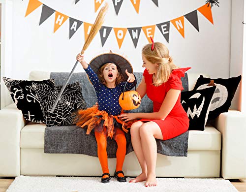 Whaline Happy Halloween Pillow Cover Pumpkin Spider Web Pillow Case Black Linen Throw Cushion Cover Cushion Cases for Home Office Halloween Sofa Bed Decoration, 18" x 18" (4Pcs)