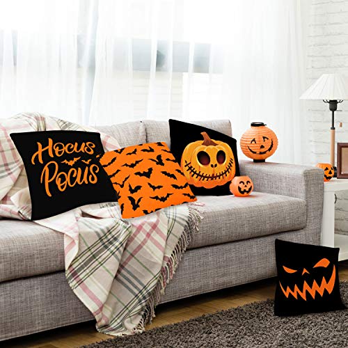 Whaline Halloween Pillow Cover Orange Black Pillow Case Pumpkin Bat Hocus Pocus Throw Cushion Cover Linen Cushion Cases for Home Office Halloween Sofa Bed Decoration, 18" x 18"(4Pcs)