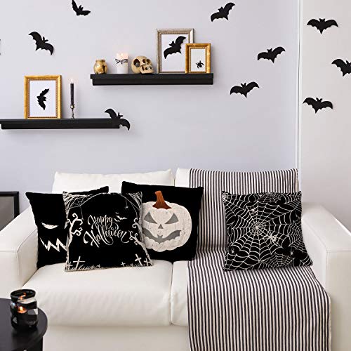 Whaline Happy Halloween Pillow Cover Pumpkin Spider Web Pillow Case Black Linen Throw Cushion Cover Cushion Cases for Home Office Halloween Sofa Bed Decoration, 18" x 18" (4Pcs)