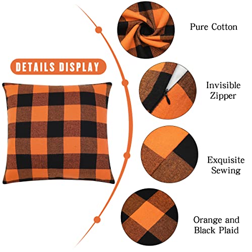 Cootato Halloween Pillow Covers - Set of 2 Buffalo Orange and Black Plaid Throw Pillow Covers, 18 x 18 Inch Cotton Pillow Cover Halloween Farmhouse Cushion Case for Sofa Couch Patio Outdoor Home Decor