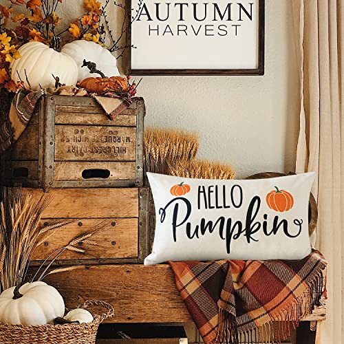 JOTOM 12x20 Inch Fall Throw Pillow Covers Hello Pumpkin Thanksgiving Cushion Covers 30x50cm Autumn Lumbar Decorative Pillow Covers Farmhouse Outdoor Pillowcase for Couch Sofa Bed Decor (Hello Pumpkin)