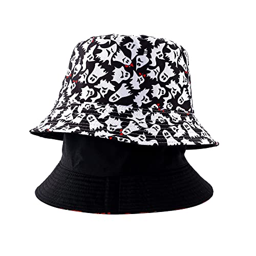 Reversible Bucket Hat Unisex Fisherman Hat Halloween Hat Sun Hat Summer Beach Hat Double Side Wear Black & Little Ghost