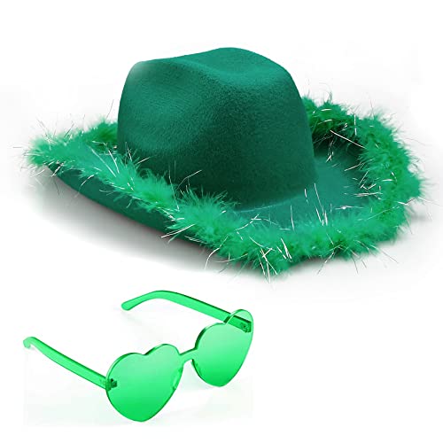 Silom Cowboy Hat with Heart Glasses, Pink Green Blue Purple Halloween Costume Cowgirl Hat for Men Women with Feathers, Western Felt Fluffy Cow Girl Hats, Dress Up Birthday, Bachelorette, Party