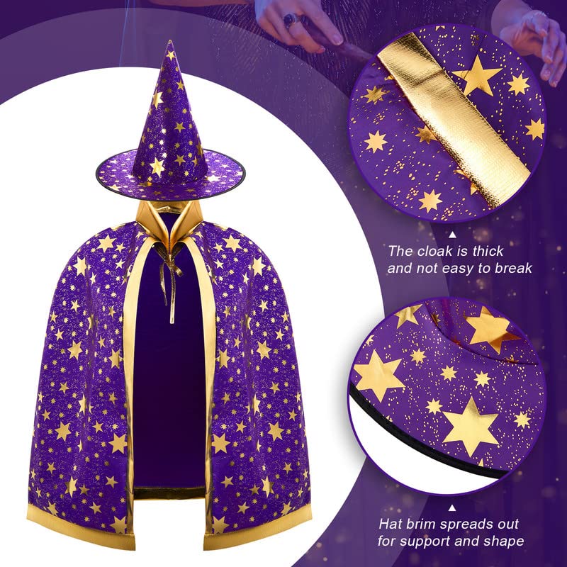 Satinior 3 Pcs Mardi Gras Fancy Dress Costume, Including Witch Wizard Cape with Hat Light & Sound Magic Wands for Girls Boys Kid Mardi Gras Halloween Cosplay (Purple & Gold), ca. 80 cm