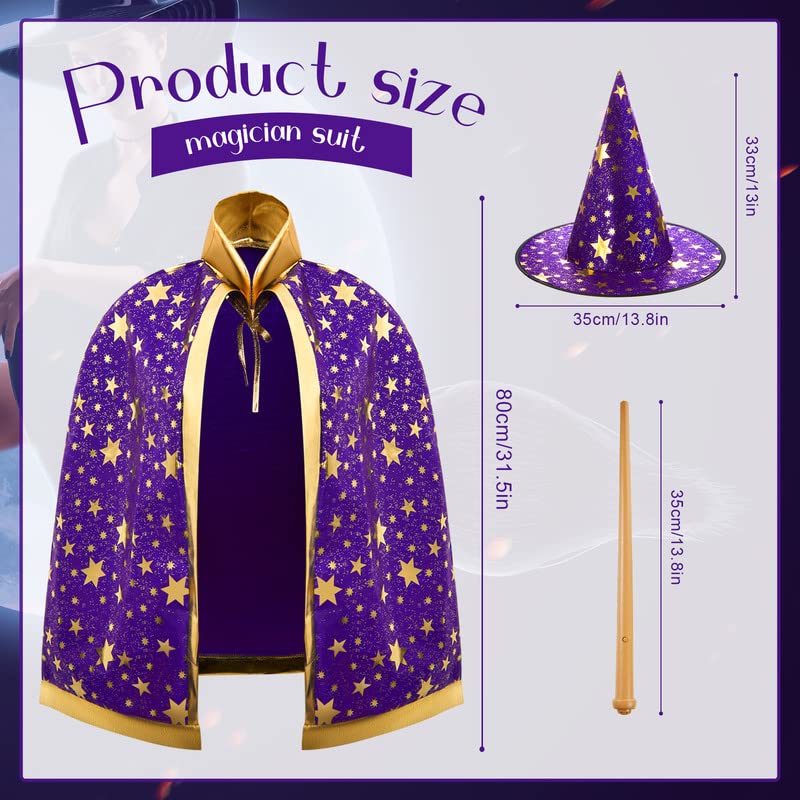 Satinior 3 Pcs Mardi Gras Fancy Dress Costume, Including Witch Wizard Cape with Hat Light & Sound Magic Wands for Girls Boys Kid Mardi Gras Halloween Cosplay (Purple & Gold), ca. 80 cm