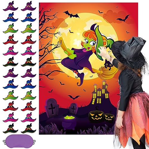 WERNNSAI Pin The Hat on The Witch Halloween Games - Witch Party Supplies for Kids Boys Girls 53 X 71 cm Witch Game Poster with 24 Pcs Reusable Stickers for Halloween Birthday Classroom Activities