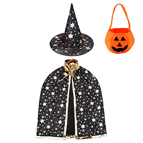 Jackcell Wizard Cape Witch Cloak With Hat, Pumpkin Candy Bag, Halloween Costume Props for Kids Cosplay Party (Black)