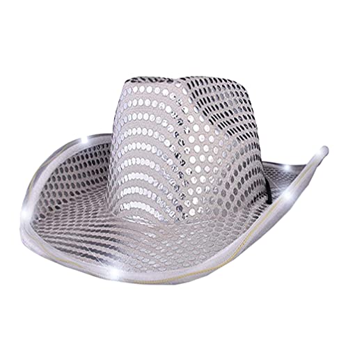 STOBOK Light Up Cowboy Hat Sequin Led Light Hat Sparkly Western Cowgirl Hat Fedora Hat Party Dress Up Hat for for Women Men Halloween Cosplay Costume Accessories Silver