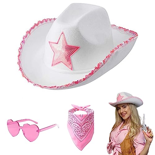 Cowboy Hat Women, Felt Fluffy Feather Trim Cowgirl Hat,Wide Brim Fancy Dress Cowgirl Hats with Heart Glasses Bandana Scarf for Halloween Birthday Bachelorette Party (B)