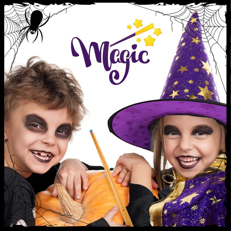 Satinior 3 Pcs Mardi Gras Fancy Dress Costume, Including Witch Wizard Cape with Hat Light & Sound Magic Wands for Girls Boys Kid Mardi Gras Halloween Cosplay (Purple & Gold), ca. 80 cm