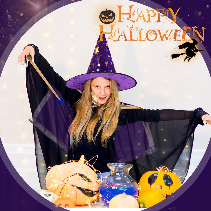 Satinior 3 Pcs Mardi Gras Fancy Dress Costume, Including Witch Wizard Cape with Hat Light & Sound Magic Wands for Girls Boys Kid Mardi Gras Halloween Cosplay (Purple & Gold), ca. 80 cm