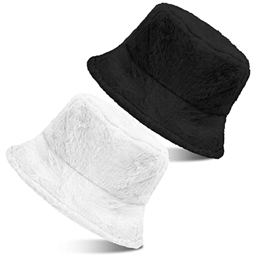 Bencailor Winter Furry Bucket Hat Soft Warm Plush Fluffy Fisherman Hat Stylish Lovely Fuzzy Faux Fur Hats for Women Ladies Girls, Black and White