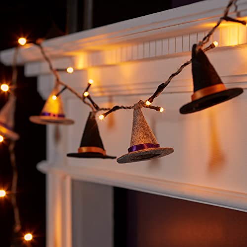 Lights4fun 10 Felt Witches Hat Battery Operated LED Fairy String Lights Halloween Decoration for Indoor Use 1.8m