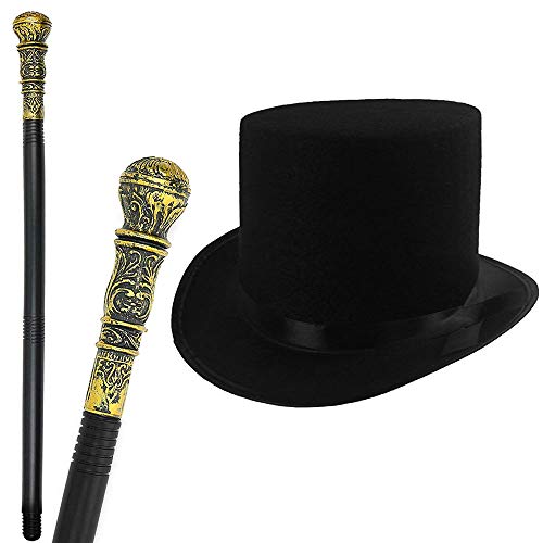 GrassVillage Victorian Style Adults / Kids Fancy Dress Set, Top Hat & Cane - PARTY, WORLD BOOK WEEK / HALLOWEEN KIT
