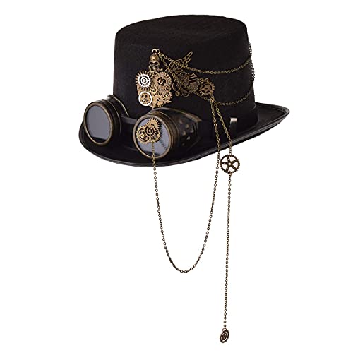 COSDREAMER Unisex Steampunk Top Hats Halloween Costume Hat with Goggles (60cm) Black …