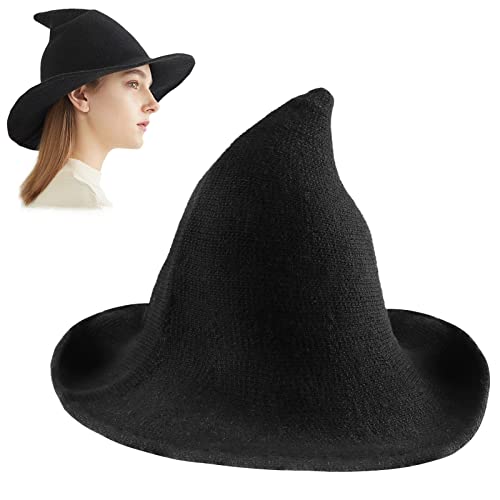 JOKBEN Witches Hats, Halloween Witch Hats for Women, Knitted Wool Wizard Hat for Adult, Black Pointed Wizard Hat Costume Accessory for Halloween Cosplay Party Decoration, M