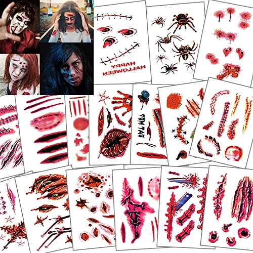 Halloween Tattoos for Adults, Man, Women, 30 Sheets Halloween Temporary Tattoos, Fake Bleeding Wound Sutures Vampire Bite Tattoos, Perfect Halloween Decorations