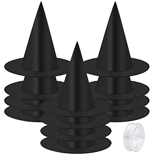 Elcoho 12 Pieces Halloween Costume Witch Hat with 100 Yards Hanging Rope for Halloween Yard Decoration,Black,M