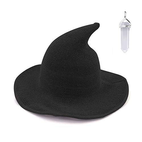 YAMEE Womens Witch Hat Wizard Kinitted-Wool Hats Adult Costume Party Accessory Halloween Masquerade Cosplay Cap (Black)