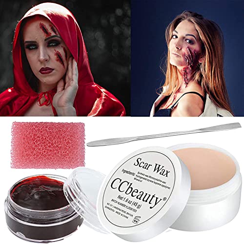 CCbeauty SFX Special Effects Makeup Kit Fake Wound Moulding Scars Wax(1.6 Oz) Kit with Spatula Tool, Scab Blood(0.63Oz), Pink Stipple Sponge for Halloween Stage Fake Cuts Makeup