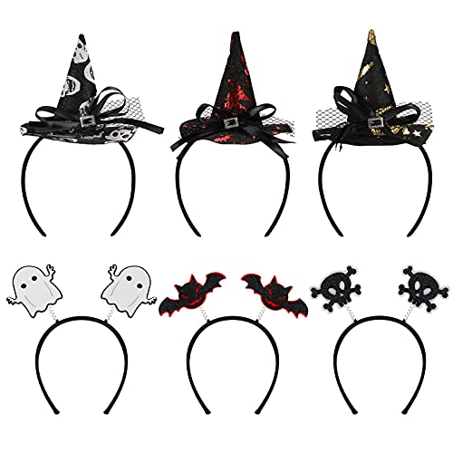 TAROME 6pcs Halloween Headbands Witch Hat Head Band Bat Headwear Skull Bat Hair Hoop Halloween Cosplay Costume Accessories for Girl Women Halloween Party Decoration