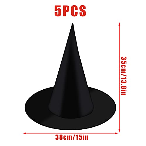 KINBOM 5pcs Large Size Halloween Witch Hats, Costume & Cosplay Witch Hat Decoration Wizard Hat Accessories for Party Favors Festival Dressing Up (Plain Black)