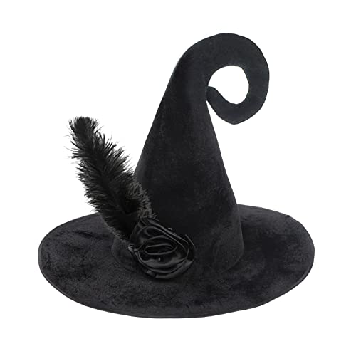 JIAHG Halloween Witch Hat Black Wizard Hat Womens Velvet Pointed Rose Hat Wide Brim Halloween Masquerade Cosplay Party Hat Fancy Dress up Christmas Costume Accessory Party Props for Adults