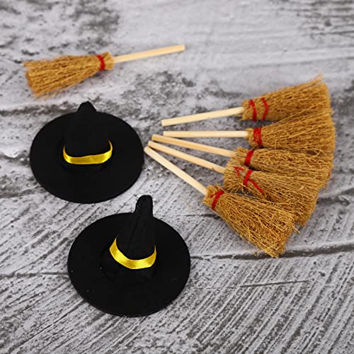 Halloween Mini Witch Hats and Mini Broom Mini Felt Witch Hats Witch Brooms Halloween Wizard Decorations Accessory DIY Crafts Wine Bottle Topper Table Decoration for Festival Halloween Party