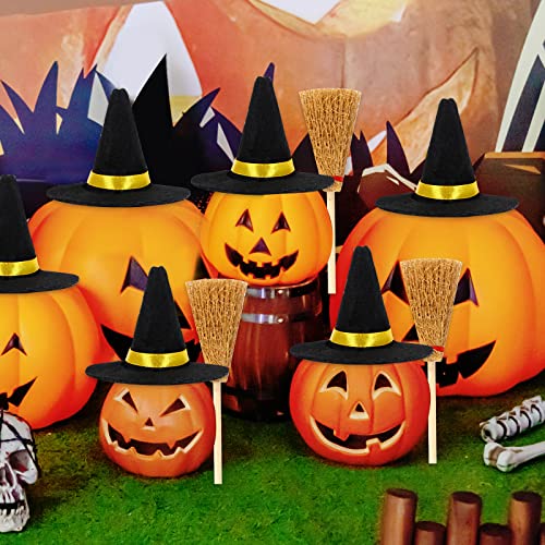 Halloween Mini Witch Hats and Mini Broom Mini Felt Witch Hats Witch Brooms Halloween Wizard Decorations Accessory DIY Crafts Wine Bottle Topper Table Decoration for Festival Halloween Party