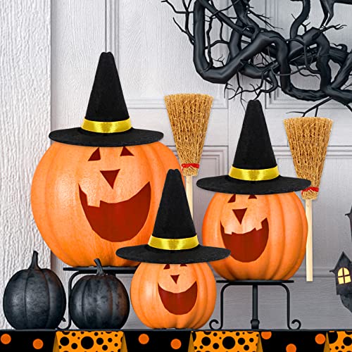 Halloween Mini Witch Hats and Mini Broom Mini Felt Witch Hats Witch Brooms Halloween Wizard Decorations Accessory DIY Crafts Wine Bottle Topper Table Decoration for Festival Halloween Party