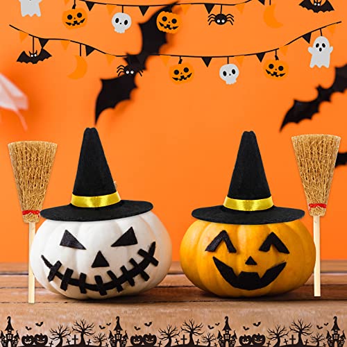 Halloween Mini Witch Hats and Mini Broom Mini Felt Witch Hats Witch Brooms Halloween Wizard Decorations Accessory DIY Crafts Wine Bottle Topper Table Decoration for Festival Halloween Party