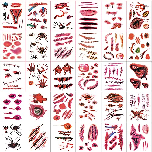 HUPOO 30 Sheets 3D Halloween Temporary Makeup Tattoos Fake Scars Bloody Scar Waterproof Blood Sticker Realistic Wound Horror Body Face Decals Prank Props for Cosplay Party Supplies Props, 5.7*9.7CM