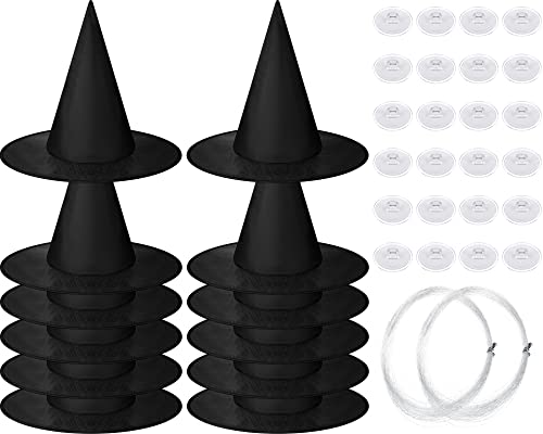 SATINIOR Witch Hat Halloween Costume Witch Hat Black Hanging Witch Hat with Hanging Rope Accessory and Transparent Seamless Hooks (12 Pieces)