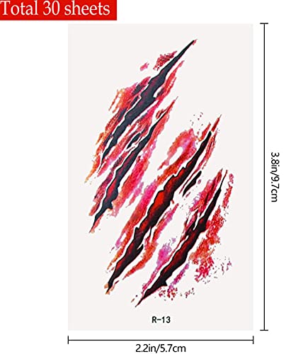 HUPOO 30 Sheets 3D Halloween Temporary Makeup Tattoos Fake Scars Bloody Scar Waterproof Blood Sticker Realistic Wound Horror Body Face Decals Prank Props for Cosplay Party Supplies Props, 5.7*9.7CM