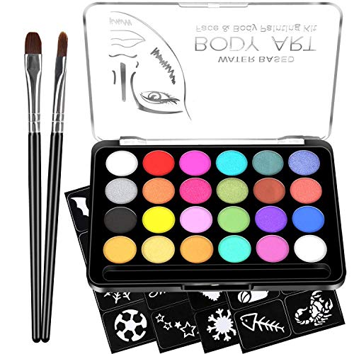 RIOGOO Face Paint Kit for Kids - 32 Stencils, 24 Large Water Based Paints, 2 Brushes, Professional Quality Face & Body Paint, Hypoallergenic Safe & Non-Toxic, Ideal for Halloween Party Face Painting