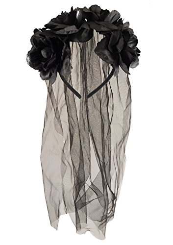 Henbrandt Long Black Veil with Black Flowers Halloween Hairband Gothic Bride Veil Day of the Dead Party Accessories Fancy Dress Hair Accessory for Adults
