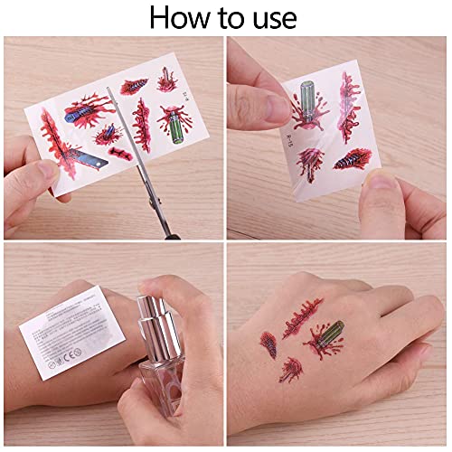 HUPOO 30 Sheets 3D Halloween Temporary Makeup Tattoos Fake Scars Bloody Scar Waterproof Blood Sticker Realistic Wound Horror Body Face Decals Prank Props for Cosplay Party Supplies Props, 5.7*9.7CM