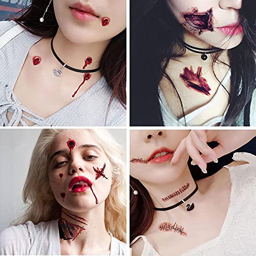 HUPOO 30 Sheets 3D Halloween Temporary Makeup Tattoos Fake Scars Bloody Scar Waterproof Blood Sticker Realistic Wound Horror Body Face Decals Prank Props for Cosplay Party Supplies Props, 5.7*9.7CM