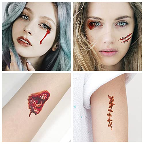 HUPOO 30 Sheets 3D Halloween Temporary Makeup Tattoos Fake Scars Bloody Scar Waterproof Blood Sticker Realistic Wound Horror Body Face Decals Prank Props for Cosplay Party Supplies Props, 5.7*9.7CM