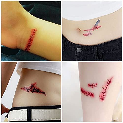 HUPOO 30 Sheets 3D Halloween Temporary Makeup Tattoos Fake Scars Bloody Scar Waterproof Blood Sticker Realistic Wound Horror Body Face Decals Prank Props for Cosplay Party Supplies Props, 5.7*9.7CM