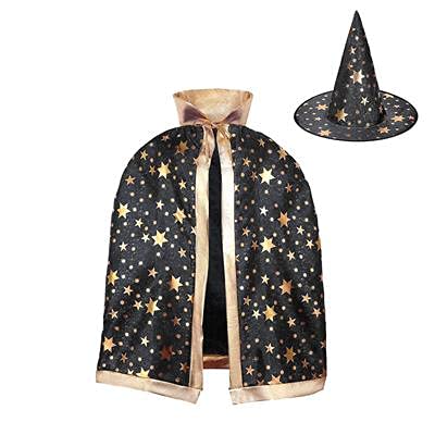 nuoshen Wizard Cape with Hat, Halloween Kids Costume Witch Cloak Cosplay Fancy Dress for 3-12 Years Old Children Toddlers(Black)
