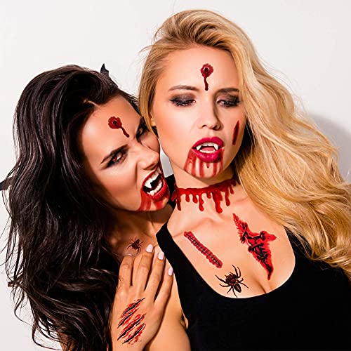 HUPOO 30 Sheets 3D Halloween Temporary Makeup Tattoos Fake Scars Bloody Scar Waterproof Blood Sticker Realistic Wound Horror Body Face Decals Prank Props for Cosplay Party Supplies Props, 5.7*9.7CM