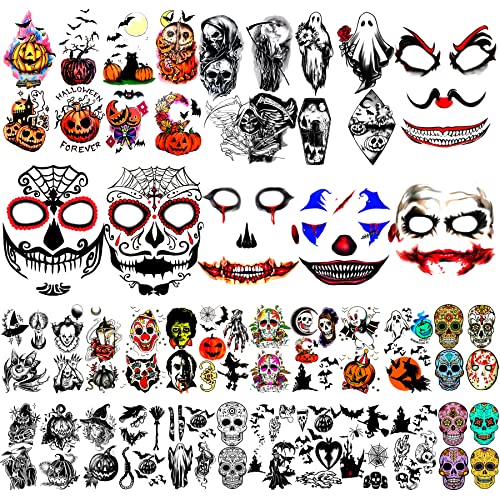 Yazhiji 42 Sheets Halloween Temporary Tattoo Family Set Day of Dead Pumpkin Ghost for Women Black Fake Death Skull Skeleton Tatoos Men Boy and Girl