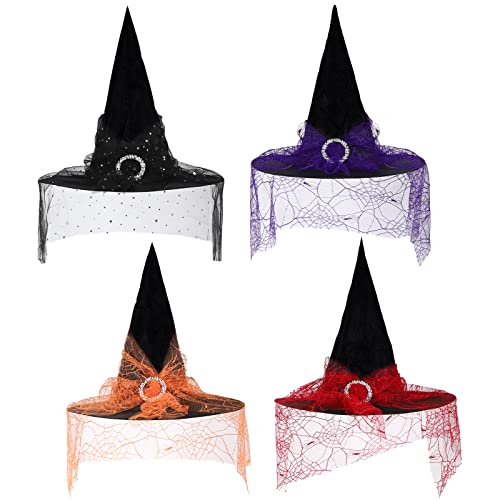 Gukasxi 4 Pcs Halloween Witch Hat For Women Girls, Vintage Witch Hat, Elegant Halloween Costume Witch Hat Cap With Lace Veil, Halloween Witch Costume Accessories, Witch Fancy Dress Accessory