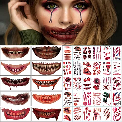 ENYACOS 40 pcs Halloween Fake Scars Temporary Face Tattoos,Halloween Waterproof Makeup Tattoos Kit,Temporary Face Tattoos Stickers Suitable for Halloween Cosplay halloween face stickers