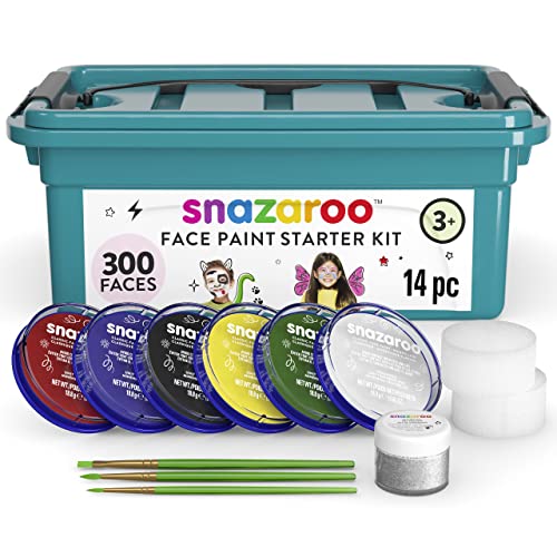 Snazaroo Face Paint Mini Starter Kit for Kids and Adults, 14 Pieces, 6 Colours, 1 Glitter Gel, Brushes, Sponges, Guide, Water Based, Easily Washable, Non-Toxic, Makeup, Body Painting