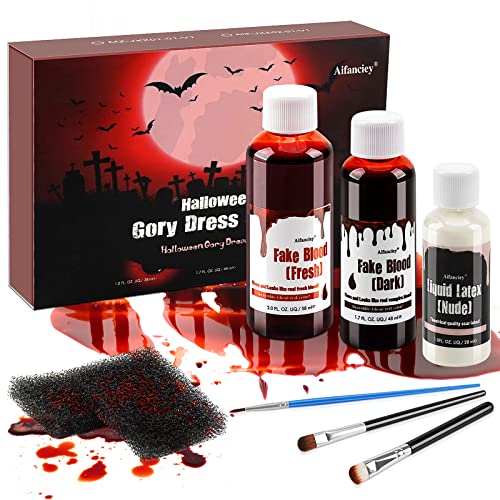 Fake Blood Halloween, 1 * 58ml Fresh Blood, 1 * 48ml Dark Red blood, 1 * 28ml Liquid Latex, Makeup Brushes sponges, SFX Makeup to Create Zombie Skin Surprising Scare Scar Amazing Halloween Makeup