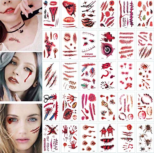 30 Sheets 3D Zombie Scar Tattoos Fake Scars Bloody Costume Makeup Halloween Decoration Horror Wound Scary Blood Injury Sticker ，Halloween Party Decorations, Supplies & Favors