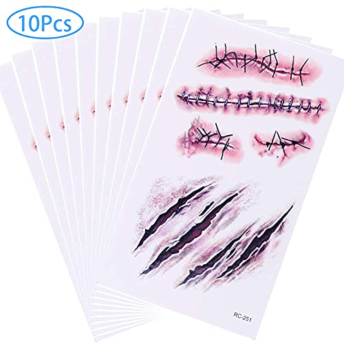 Tomoving 10PCS Halloween Tattoos，Zombie Scars Tattoos Stickers with Fake Scab Blood Special Fx Costume Makeup Props